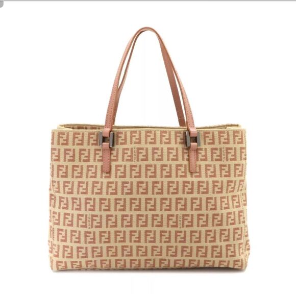 FENDI Zucchino Hand Bag Canvas Leather Beige Pink - Picture 1 of 10